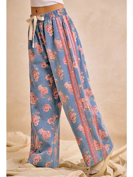 Anthropologie Pants - Denim rose floral lace jeans boho wide leg western contrast bohemian pant